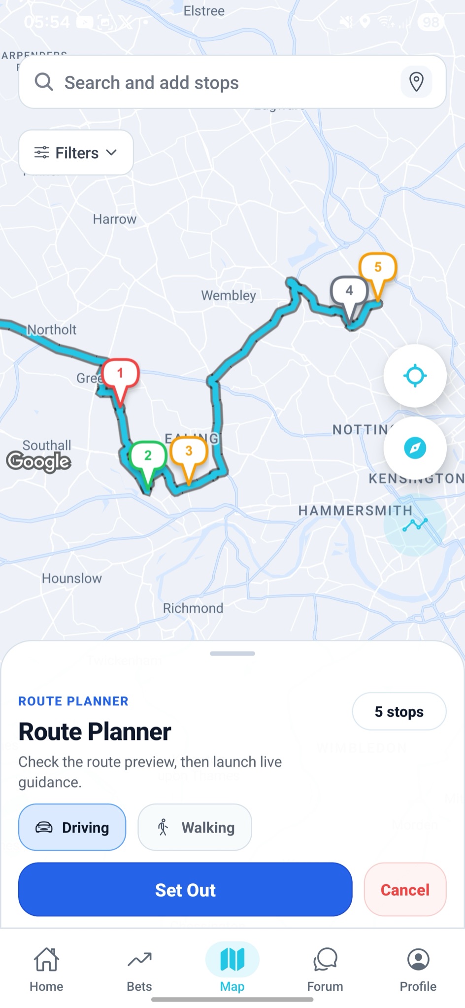 Bet Navigator route planner with five stops ordered on the map ready to set out